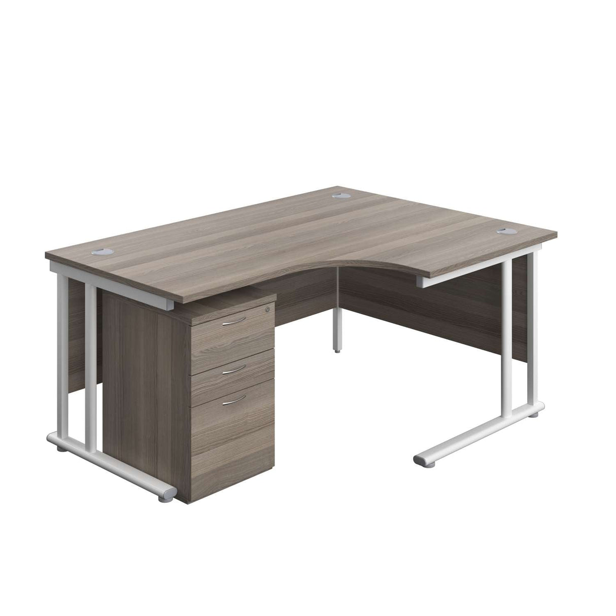 Twin Upright Right Hand Radial Desk + High Mobile Pedestal 3 Drawer | 1600X1200 | Grey Oak/White