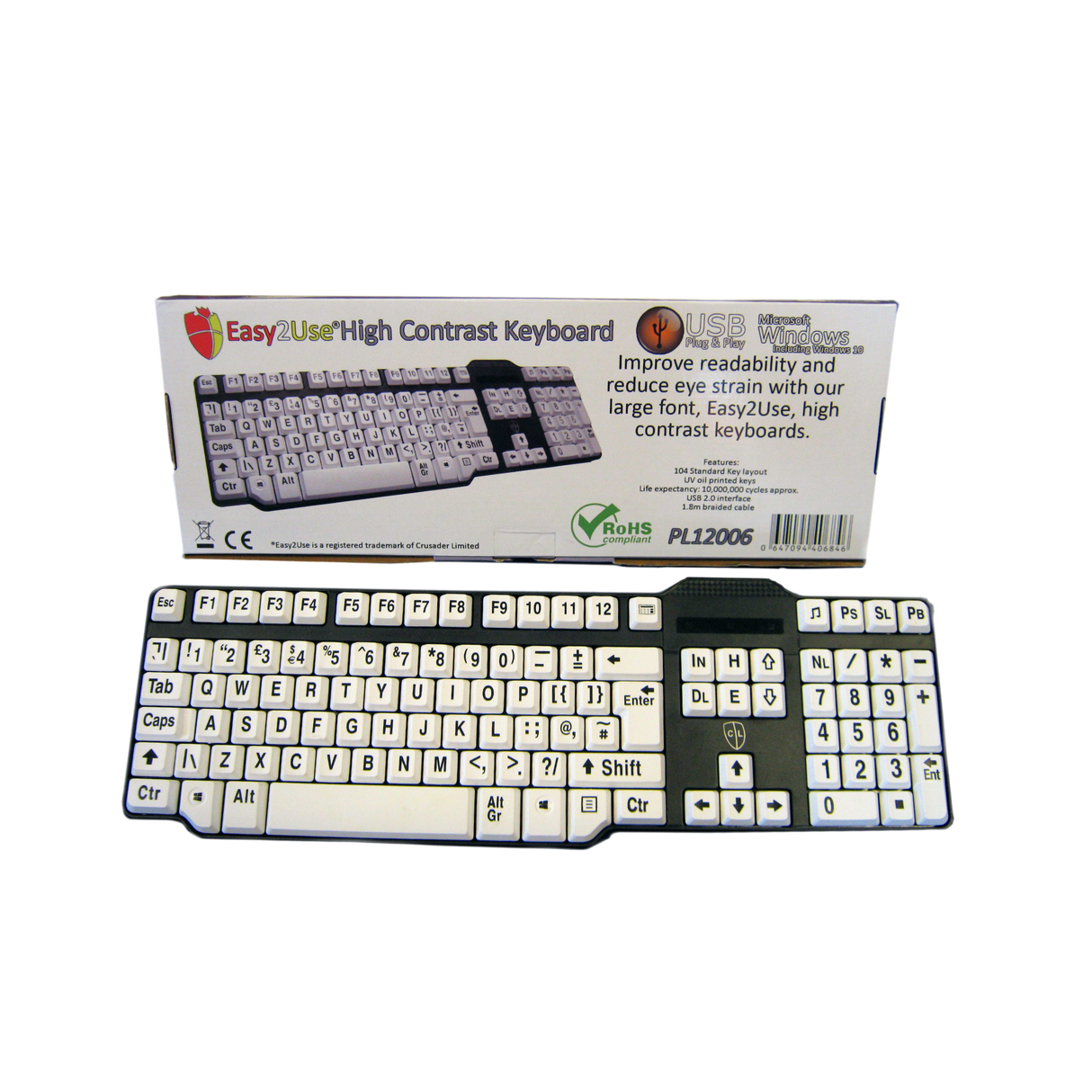 Easy2Use USB Keyboard with Braided Cable - Large Black Font on White Keys