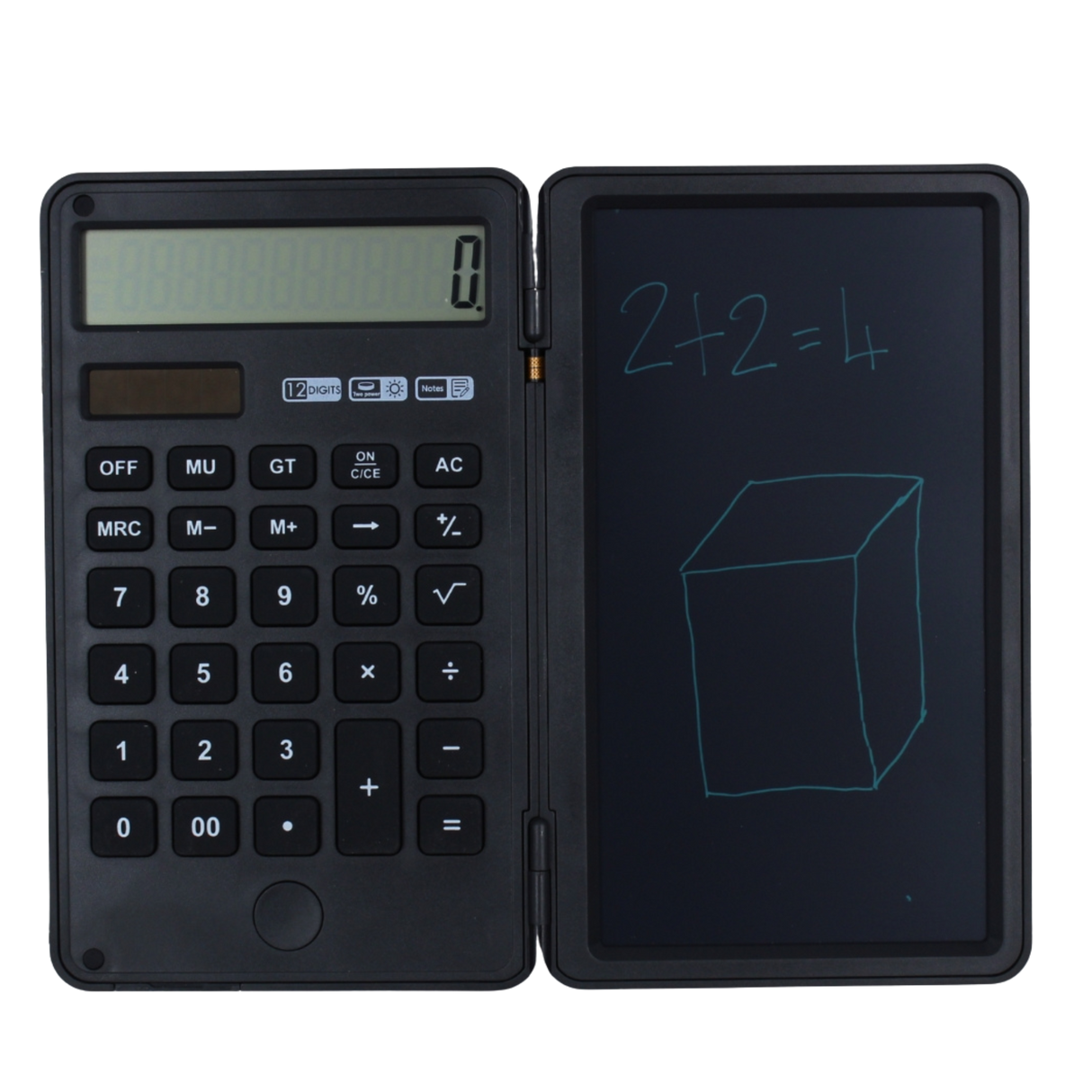 12 digit display battery & solar Black Calculator with LCD note pad
