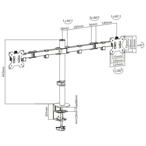 Double Joint Articulated Twin Monitor Arm (Desk Clamp) 8 Kg 17.6 lbs