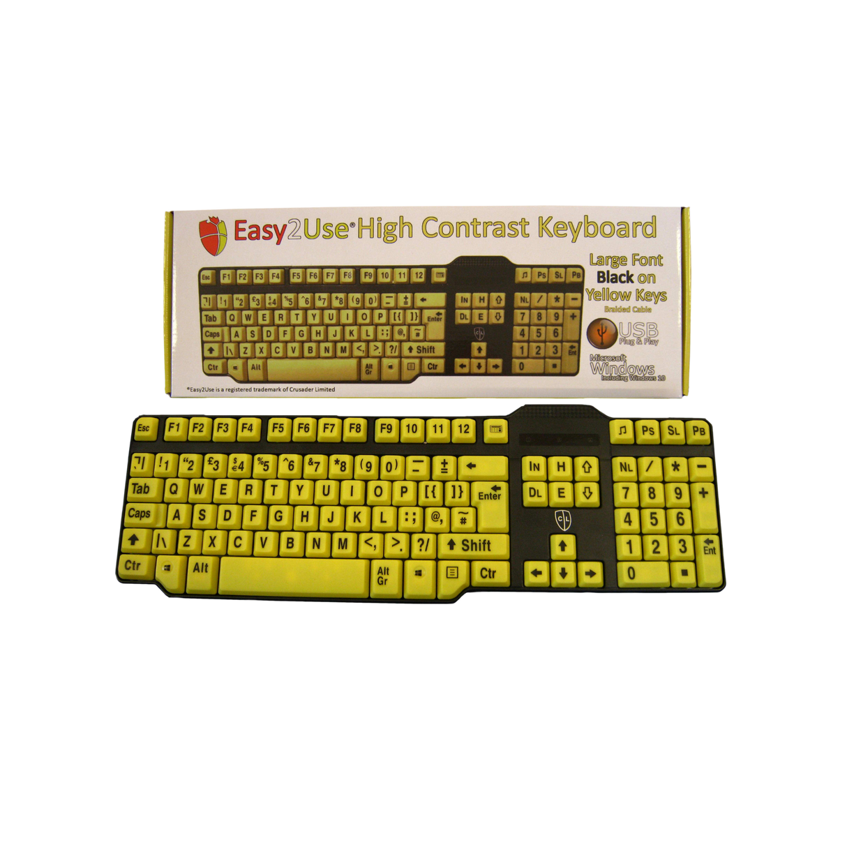 Easy2Use USB Keyboard with Braided Cable - Large Black Font on Yellow Keys