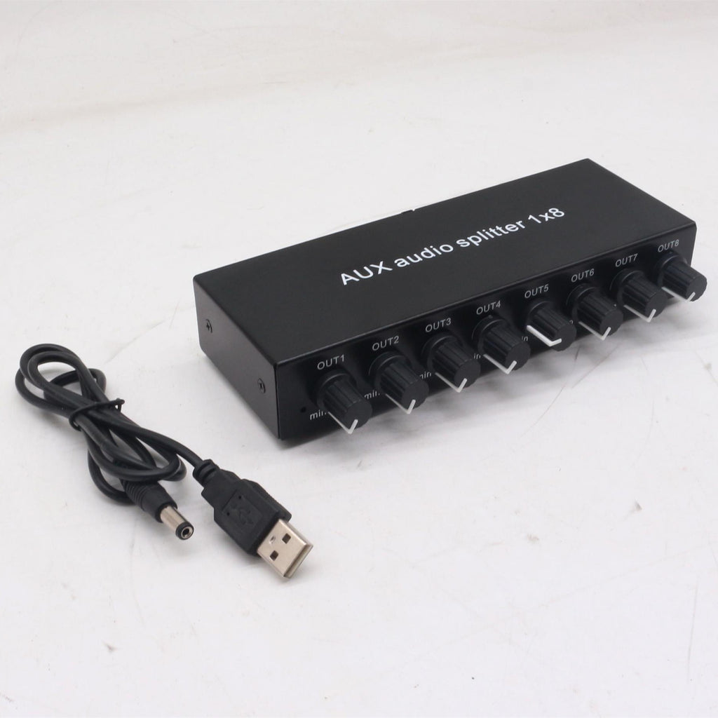 An Image showing a rectangular 8 port audio splitter