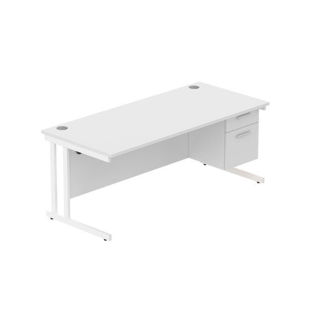 Office Rectangular Desk with Steel Double Upright Cantilever Legs + 2 Drawer Fixed Pedestal  | 1800X800 | Arctic White/White