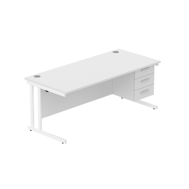 Office Rectangular Desk with Steel Double Upright Cantilever Legs + 3 Drawer Fixed Pedestal  | 1800X800 | Arctic White/White