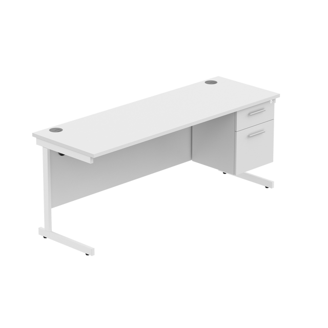 Office Rectangular Desk with Steel Single Upright Cantilever Legs + 2 Drawer Fixed Pedestal  | 1800X600 | Arctic White/White