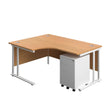 Twin Upright Left Hand Radial Desk + Under Desk Steel Pedestal 3 Drawers  | 1600X1200 | Nova Oak/White