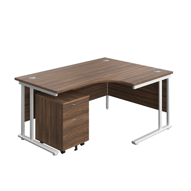 Twin Upright Right Hand Radial Desk + Mobile 2 Drawer Pedestal  | 1600X1200 | Dark Walnut/White