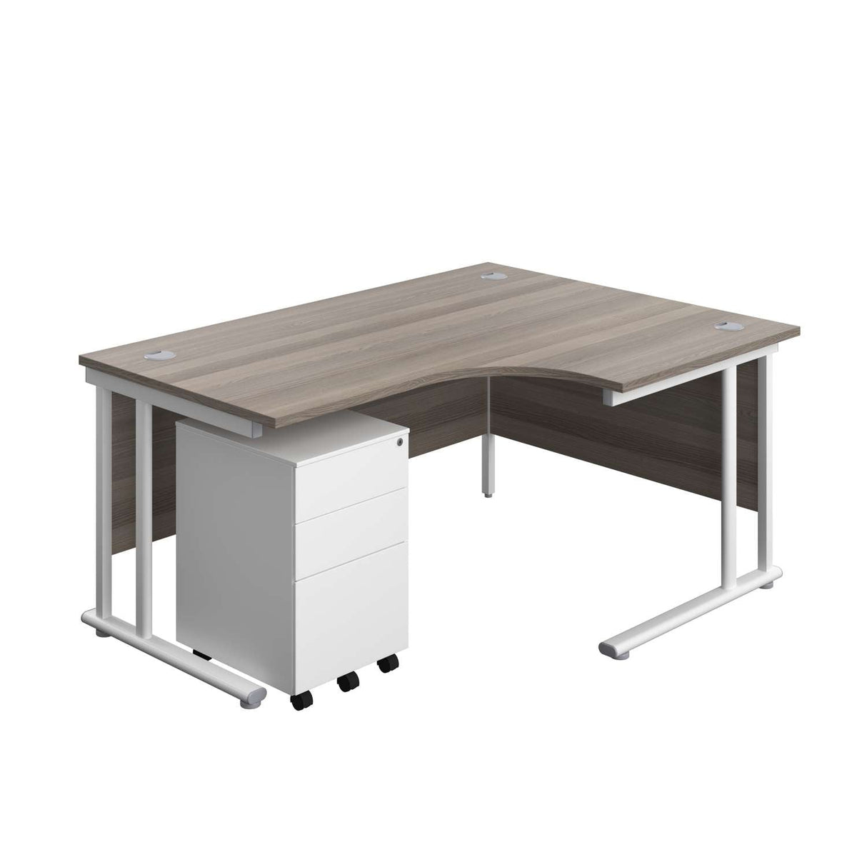 Twin Upright Right Hand Radial Desk + Under Desk Steel Pedestal 3 Drawers  | 1600X1200 | Grey Oak/White