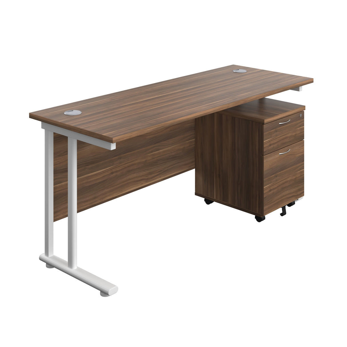 Twin Upright Rectangular Desk + Mobile 2 Drawer Pedestal  | 1600X600 | Dark Walnut/White