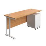 Twin Upright Rectangular Desk + Under Desk Steel Pedestal 3 Drawers  | 1600X600 | Nova Oak/White