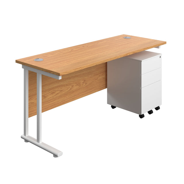 Twin Upright Rectangular Desk + Under Desk Steel Pedestal 3 Drawers  | 1600X600 | Nova Oak/White