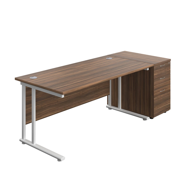 Twin Upright Rectangular Desk + Desk High 3 Drawer Pedestal  | 1600X800 | Dark Walnut/White