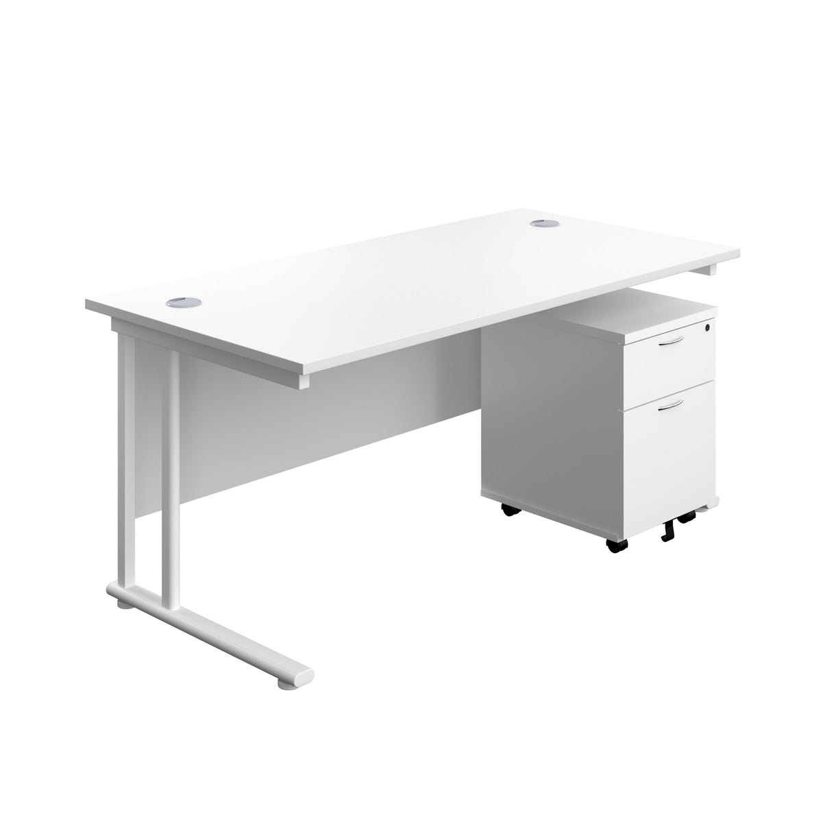 Twin Upright Rectangular Desk + Mobile 2 Drawer Pedestal  | 1600X800 | White/White