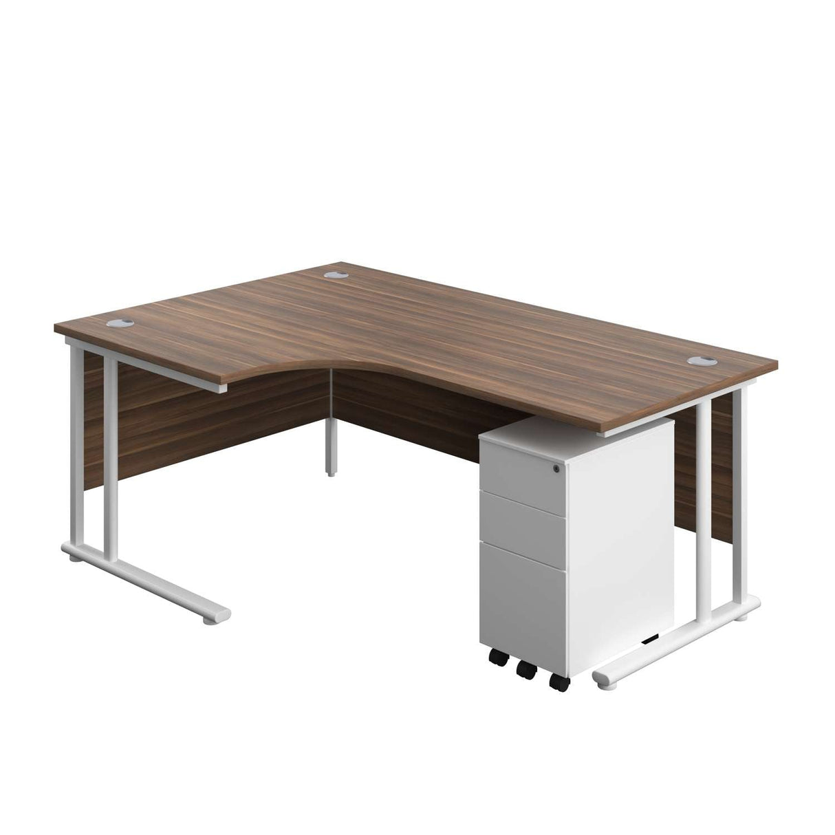 Twin Upright Left Hand Radial Desk + Slimline Steel Pedestal 3 Drawers  | 1800X1200 | Dark Walnut/White