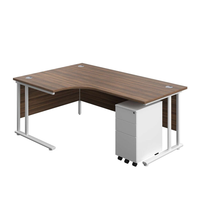 Twin Upright Left Hand Radial Desk + Slimline Steel Pedestal 3 Drawers  | 1800X1200 | Dark Walnut/White