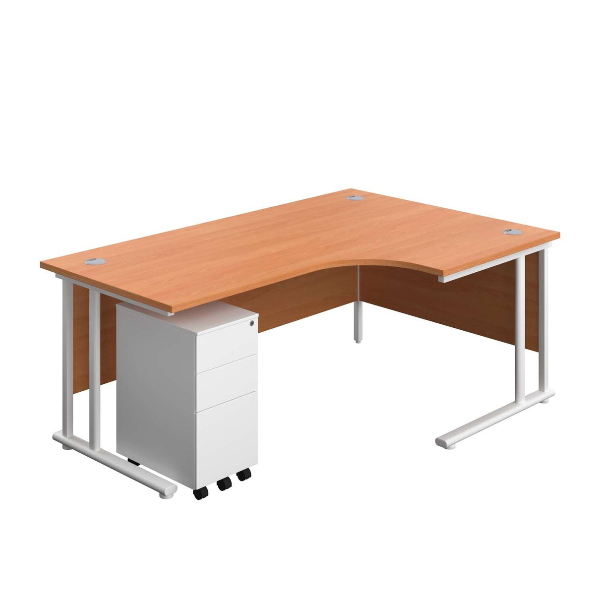 Twin Upright Right Hand Radial Desk + Slimline Steel Pedestal 3 Drawers  | 1800X1200 | Beech/White