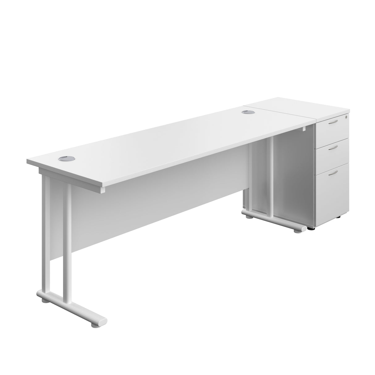Twin Upright Rectangular Desk + Desk High 3 Drawer Pedestal  | 1800X600 | White/White