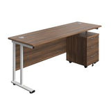 Twin Upright Rectangular Desk + Mobile 3 Drawer Pedestal  | 1800X600 | Dark Walnut/White