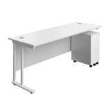Twin Upright Rectangular Desk + Slimline Steel Pedestal 3 Drawers  | 1800X600 | White/White