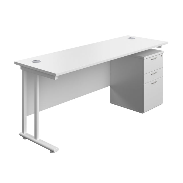 Twin Upright Rectangular Desk + High Mobile Pedestal 3 Drawer  | 1800X600 | White/White