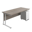 Twin Upright Rectangular Desk + Under Desk Steel Pedestal 3 Drawers  | 1800X800 | Grey Oak/White