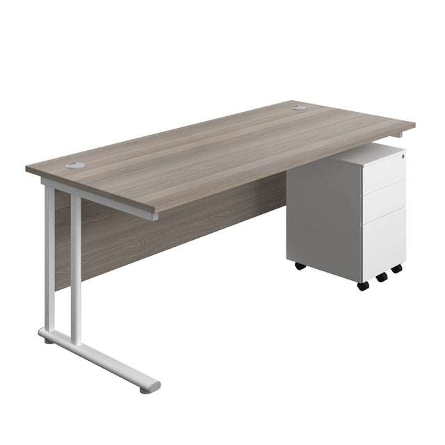 Twin Upright Rectangular Desk + Under Desk Steel Pedestal 3 Drawers  | 1800X800 | Grey Oak/White