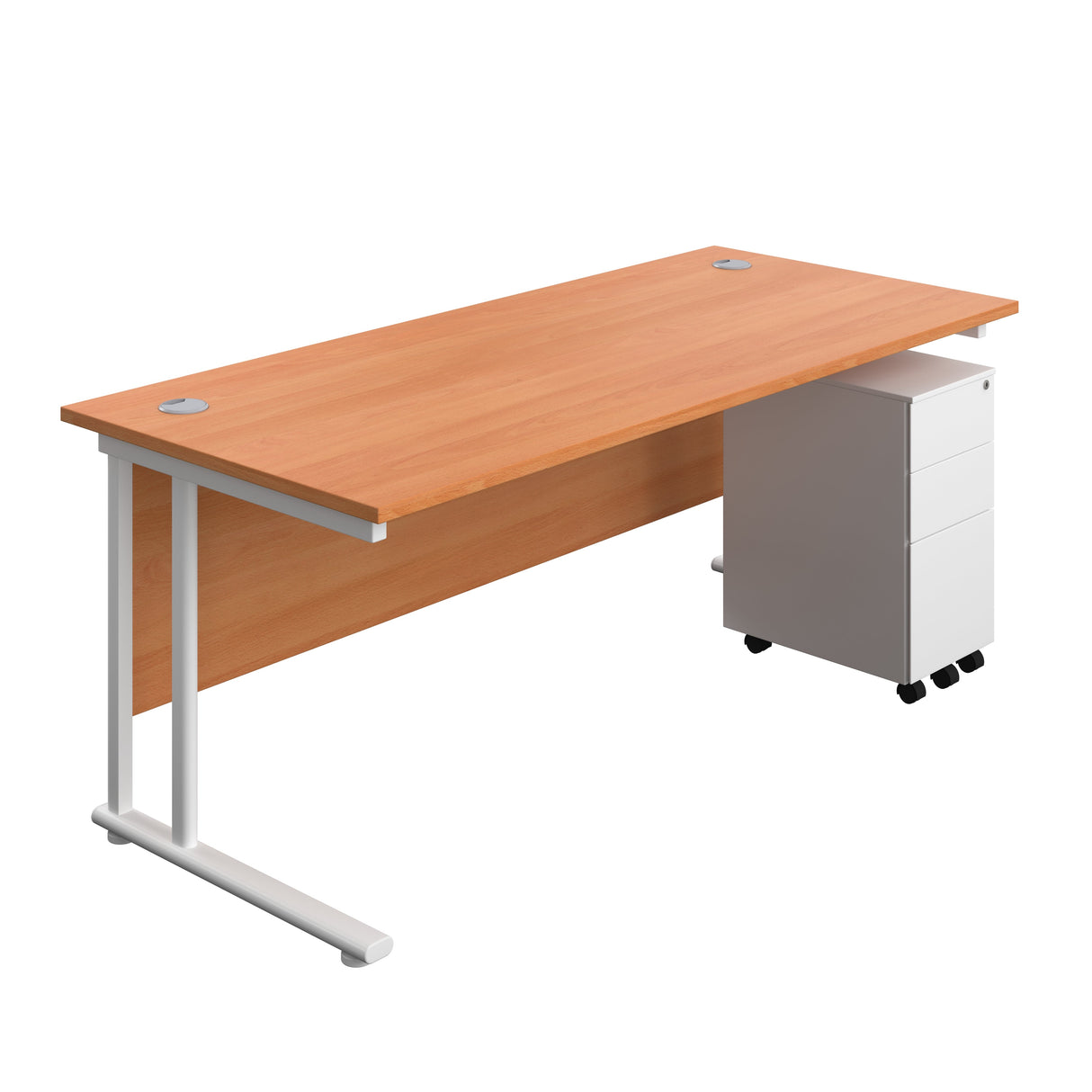 Twin Upright Rectangular Desk + Slimline Steel Pedestal 3 Drawers  | 1800X800 | Beech/White