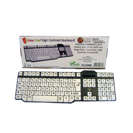 Easy2Use USB Keyboard with Braided Cable - Large Black Font on White Keys
