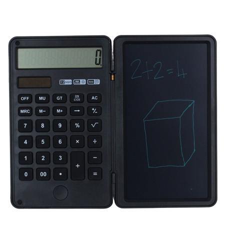 12 digit display battery & solar Black Calculator with LCD note pad