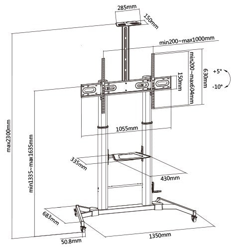 Heavy Duty Height Adjustable Mobile Screen Stand - 100Kgs