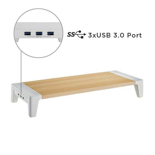 White Birch Monitor Riser 80mm High  - with inbuilt 3 port USB hub