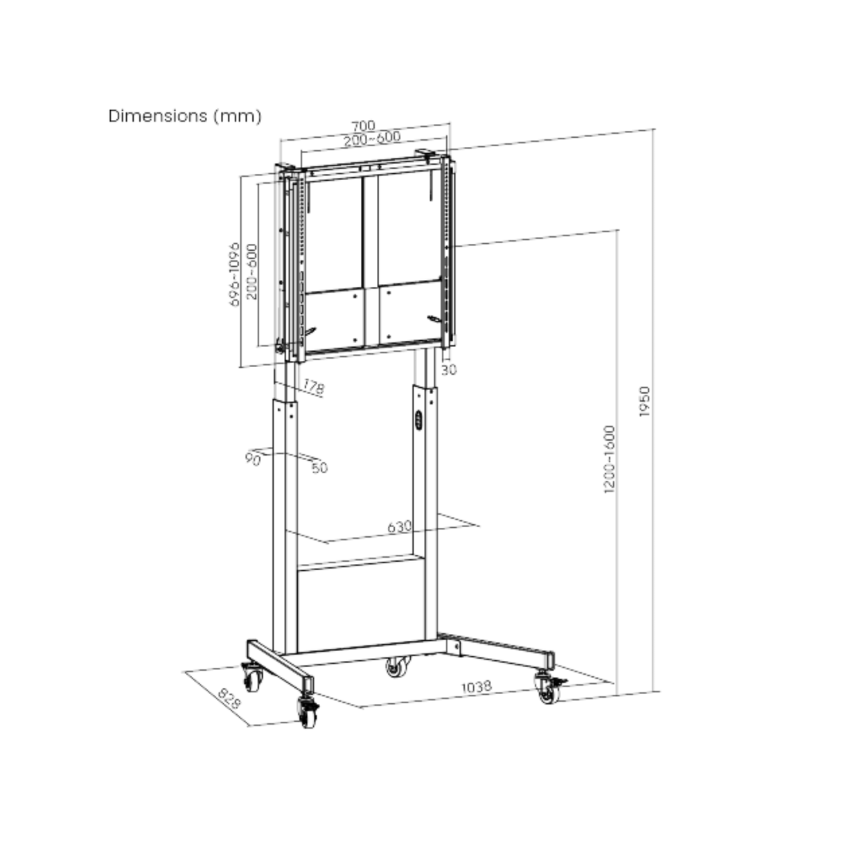 Manual Height-Adjustable Mobile Mount For 60"-100" Interactive Displays