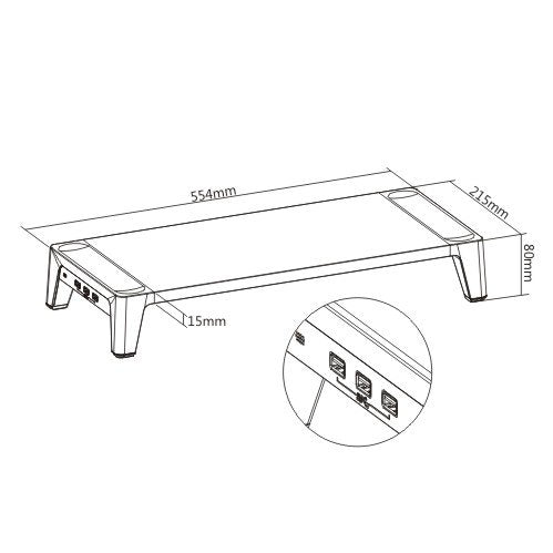 White Birch Monitor Riser 80mm High  - with inbuilt 3 port USB hub